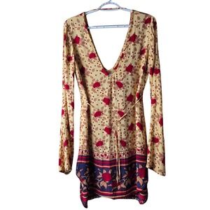 Faithfull Size 4 Floral Boho Mini Dress Long Sleeve Tie Waist Border Print